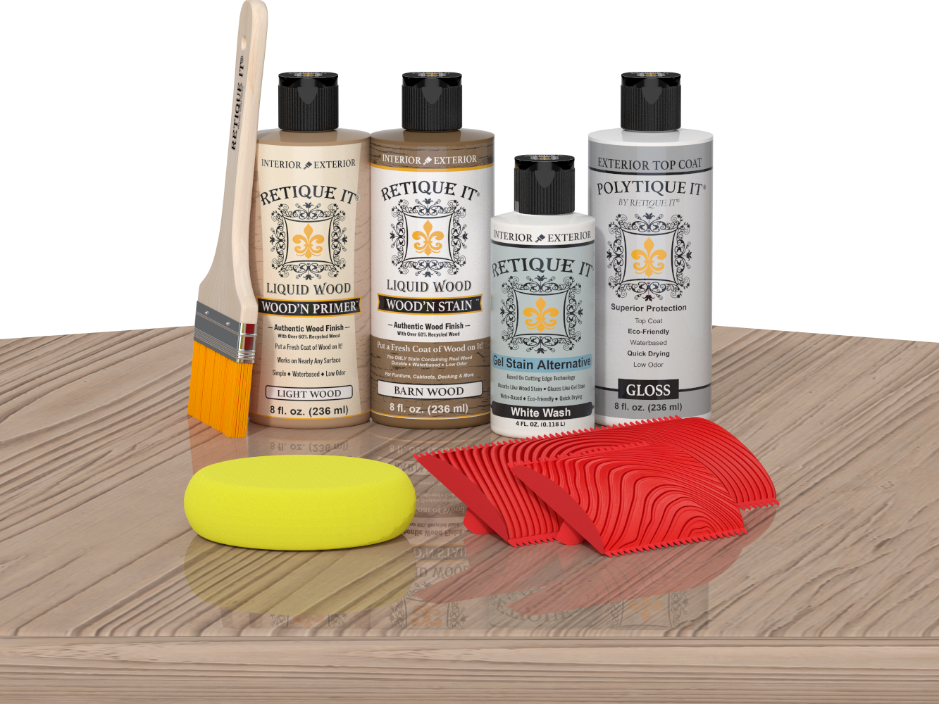 Retique It® Wood'n Finish Kit in French Oak for exterior wood top coating, featuring wood finish and application tools on table.