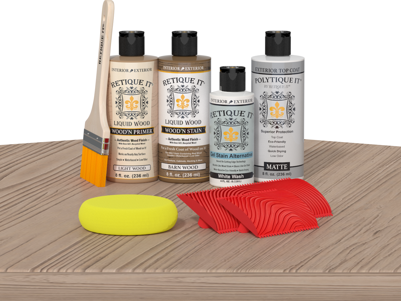 Retique It® Wood'n Finish Kit in French Oak for exterior top coating, featuring a wood finish kit with applicator on a table.
