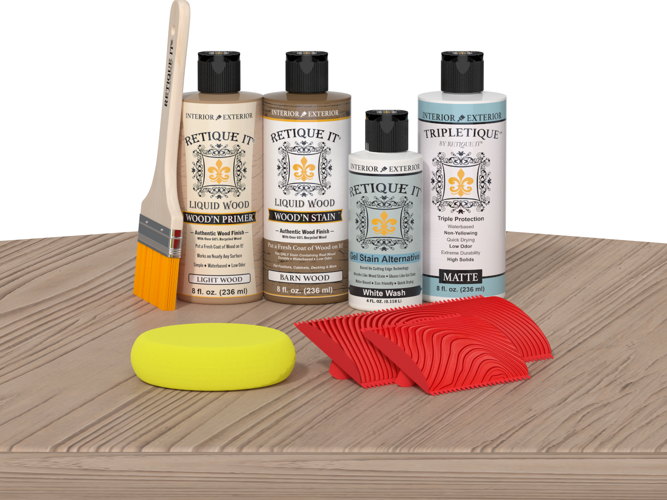 Retique It® Wood'n Finish Kit in French Oak stain displayed on a table, showing the wood finish application and color detail.