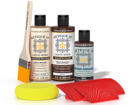 Retique It® Fireplace Mantel Wood'n Finish Kit in Java stain, featuring wood stain application tools on a neutral background.