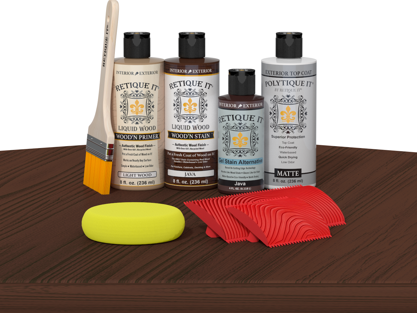 Retique It® Wood'n Kit Java exterior top coat with wood finish, shown on a table, for multi-purpose wood finishing projects.