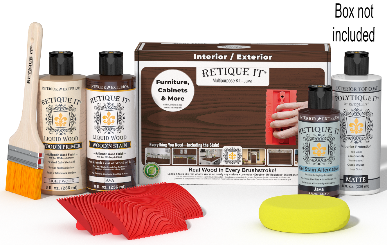 Retique It® Wood'n Finish Kit Java exterior top coat with wood finish, included applicator and components in a box.