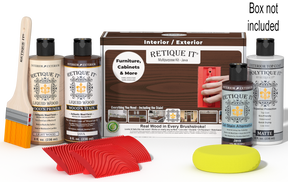 Retique It® Wood'n Finish Kit Java exterior top coat with wood finish, included applicator and components in a box.