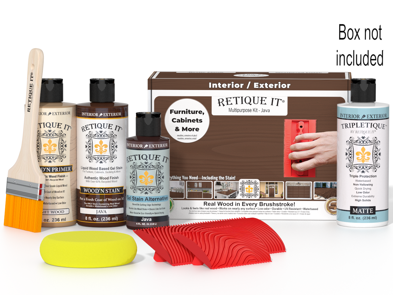 Retique It® Wood'n Finish Kit in Java with interior top coat, includes wood finishing supplies in a box for multi-purpose use.