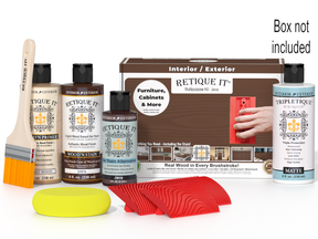 Retique It® Wood'n Finish Kit in Java with interior top coat, includes wood finishing supplies in a box for multi-purpose use.