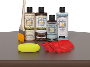 Retique It® Wood'n Finish Kit Java interior top coat applied to a table, showcasing natural wood finish and smooth surface.
