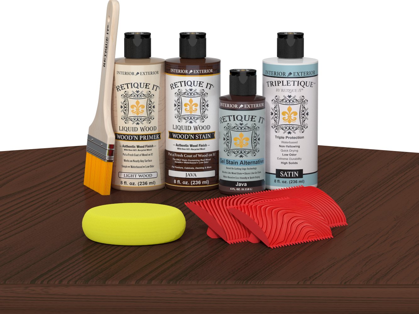 Retique It® Wood'n Finish Kit Java stain on a wooden tabletop, showcasing a rich, natural wood finish for furniture projects.