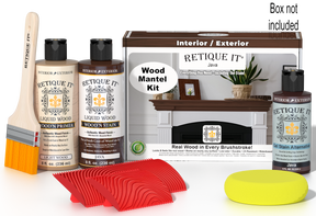 Retique It® Fireplace Mantel Wood'n Finish Kit in Java stain, showing the wood stain packaging and application options.