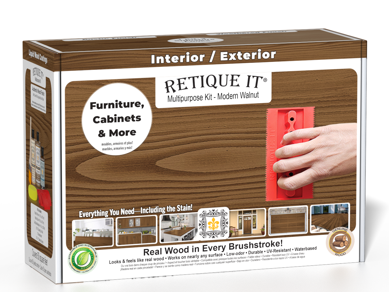 Retique It® Wood'n Finish Kit in Modern Walnut with exterior topcoat, including tools and supplies for wood finishing projects.