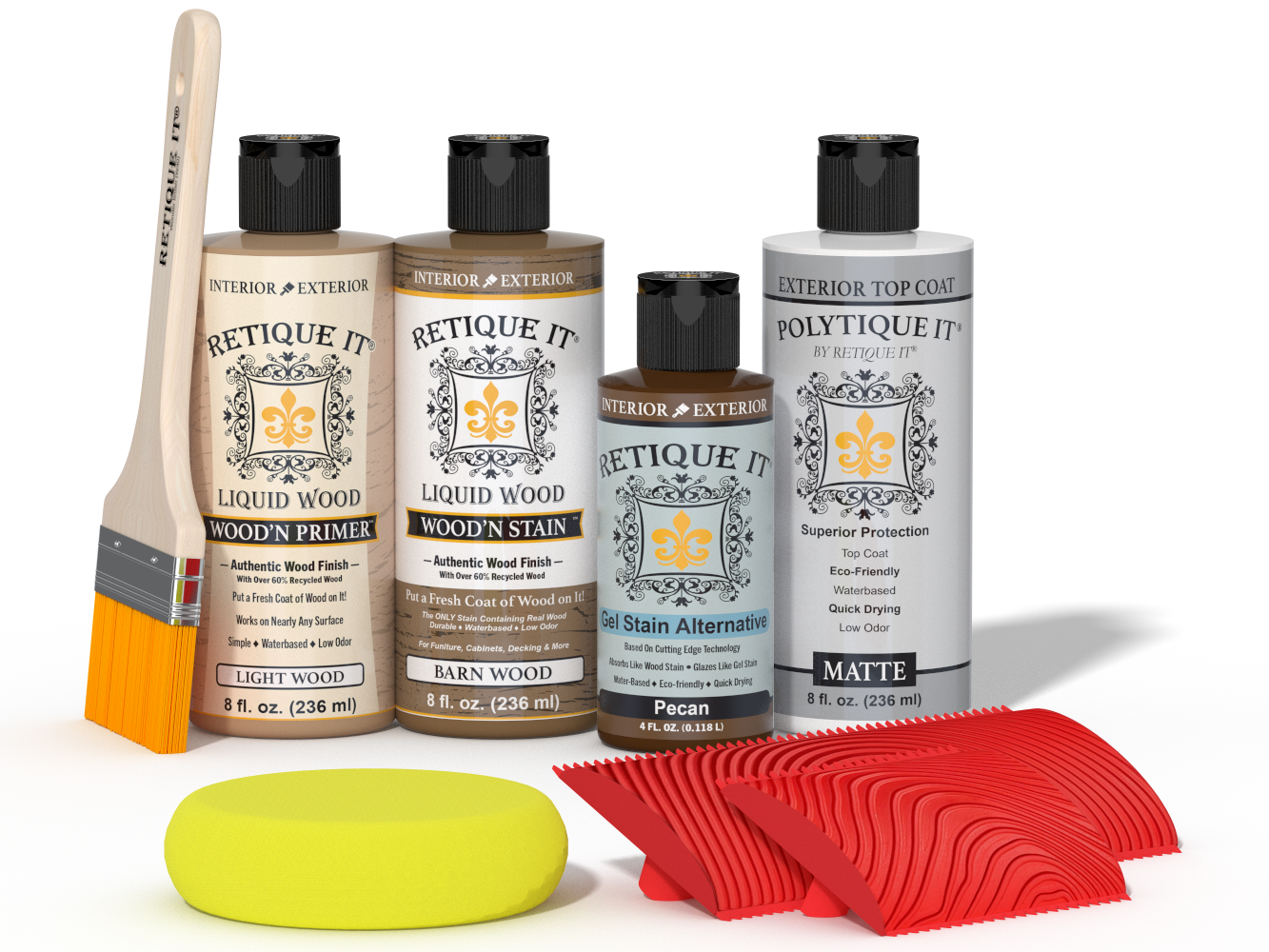 Retique It® Wood'n Finish Kit in Modern Walnut with exterior topcoat, featuring wood finish and application tools.