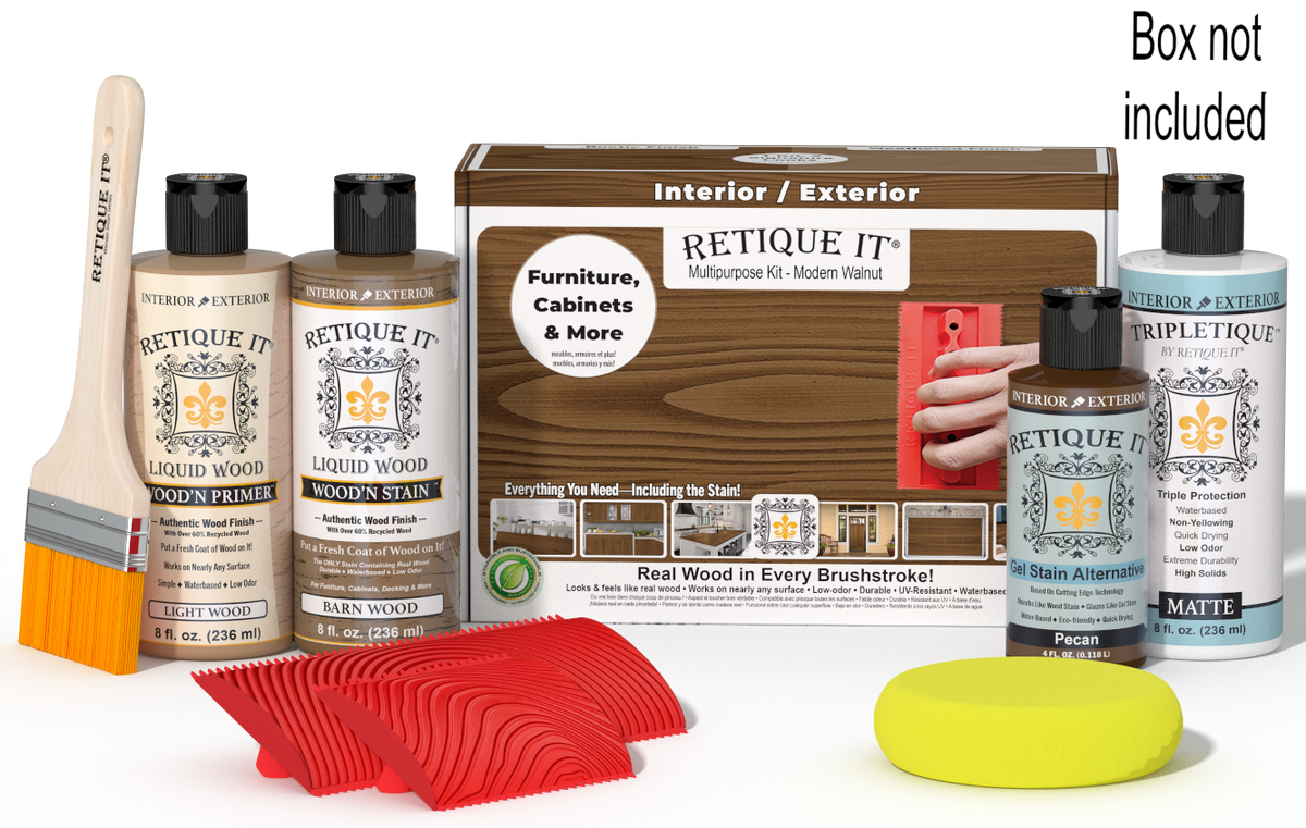 Retique It® Wood'n Kit in Modern Walnut for interior topcoat, featuring wood finish tools and materials in a compact box.