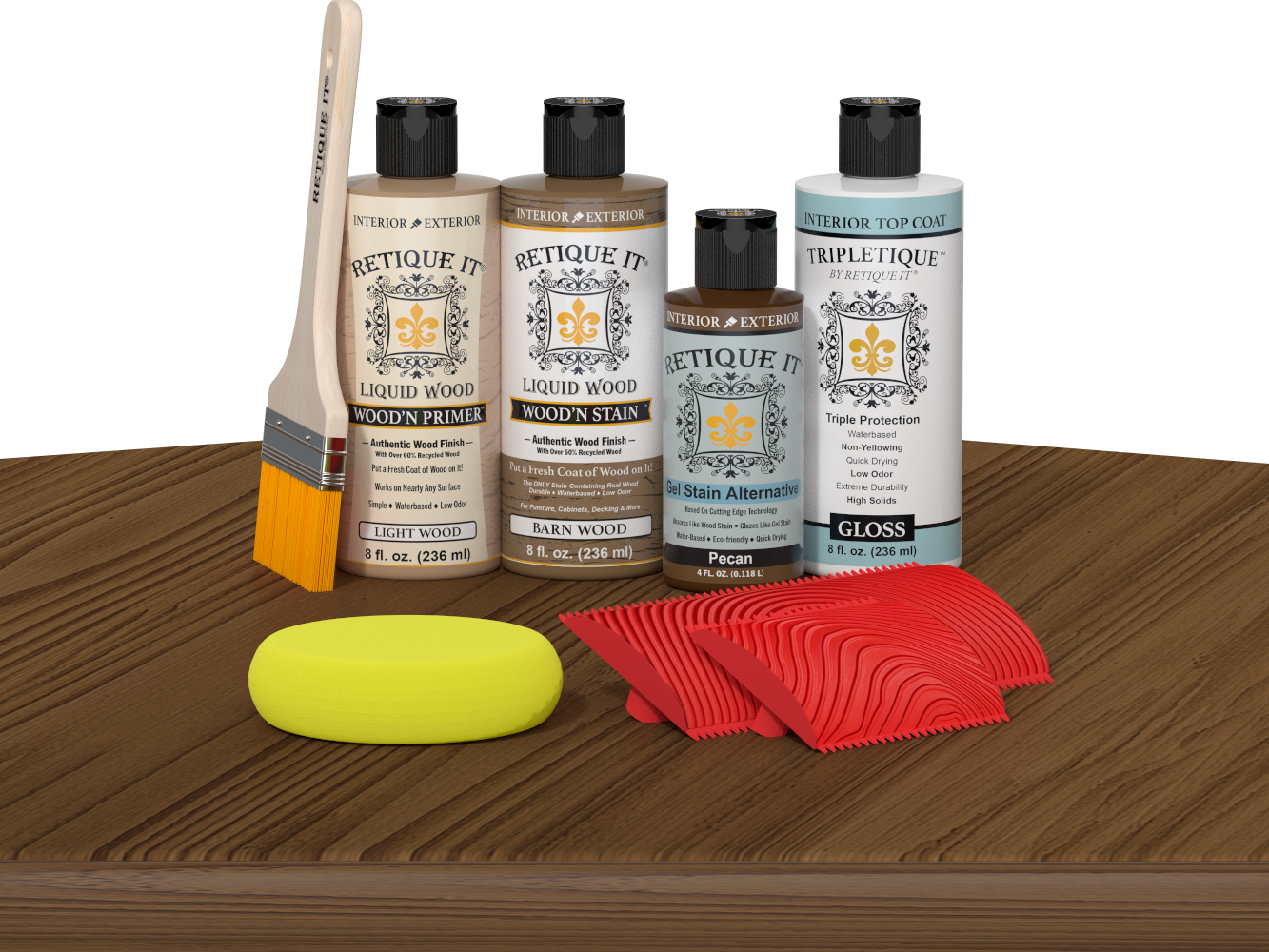Retique It® Medium Walnut Wood'n Kit with Light Wood primer, Barn Wood stain, Pecan gel stain alternative, Gloss Tripletique® Top Coat, brush, red graining tool, and yellow sponge.