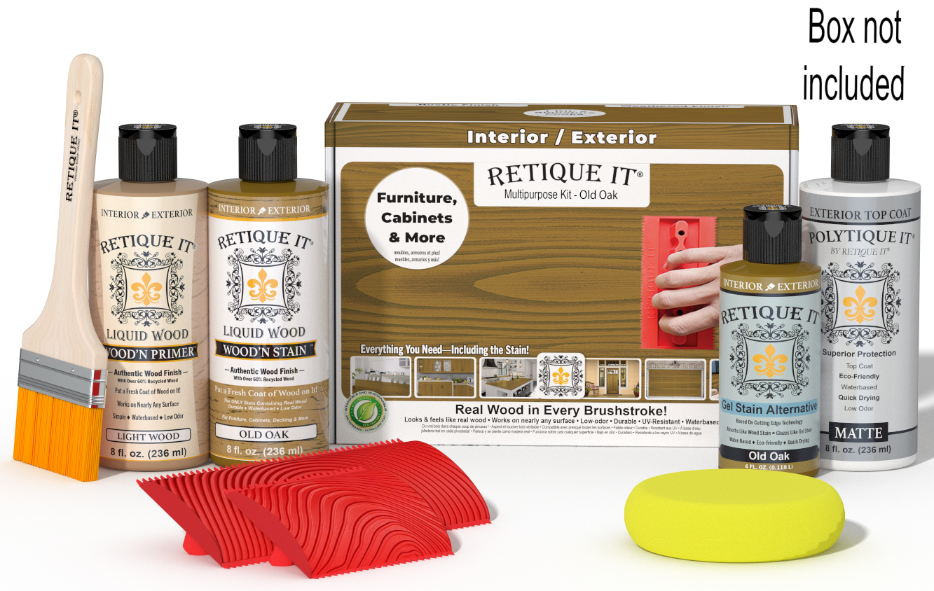 Retique ItÂ® Wood'n Finish Kit in Old Oak, exterior top coat, with wood finish supplies and applicator tools in the box.