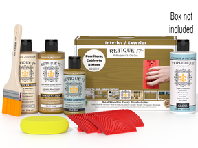 Retique It® Wood'n Finish Kit in Old Oak for interior top coat, featuring wood finish components and application tools.