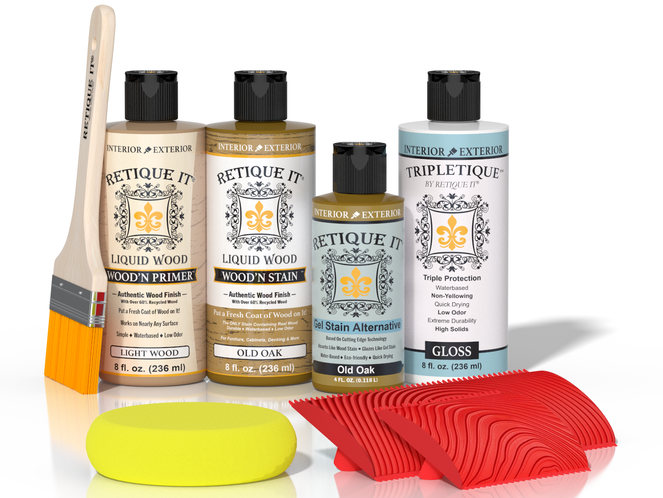 Retique It® Wood'n Finish Kit in Old Oak, interior top coat for wood surfaces, with applicator and wood finish components.