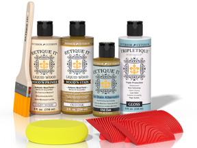 Retique It® Wood'n Finish Kit in Old Oak, interior top coat for wood surfaces, with applicator and wood finish components.