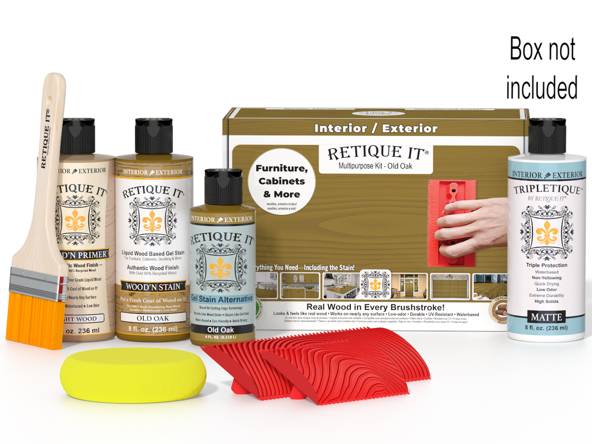 Retique It® Wood'n Finish Kit in Old Oak for interior top coat, includes wood stain and finish components in a box.