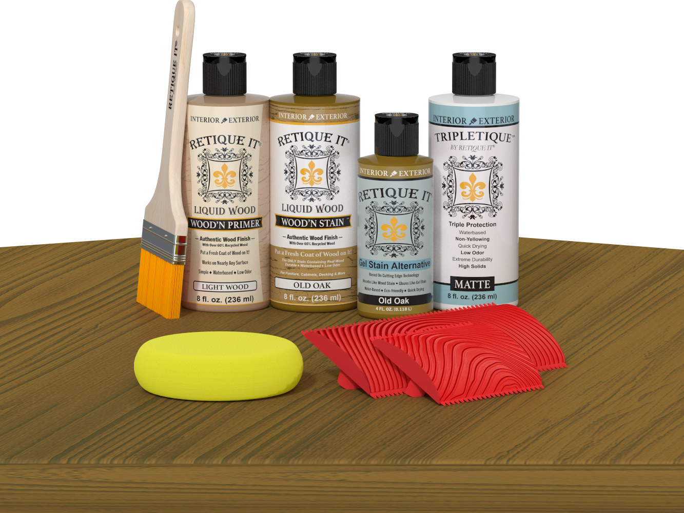 Retique It® Wood'n Finish Kit in Old Oak stain displayed on a table, showing the stain application for wood finishing.