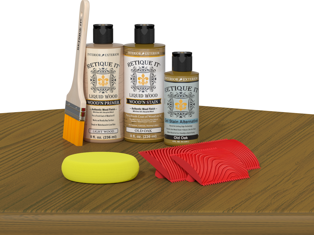 Retique It® Fireplace Mantel Wood'n Finish Kit in Old Oak stain, showing a wood sample with a warm oak finish.