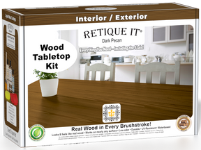Retique It® Wood'n Finish Kit in Dark Pecan stain for wood furniture, featuring a box of stain bottles and application tools.