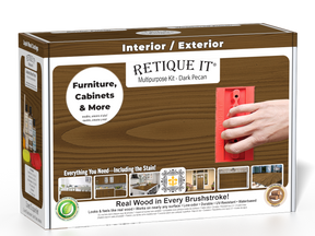Retique ItÂ® Wood'n Finish Kit in Dark Pecan for exterior wood projects, includes top coat and application tools in a box.
