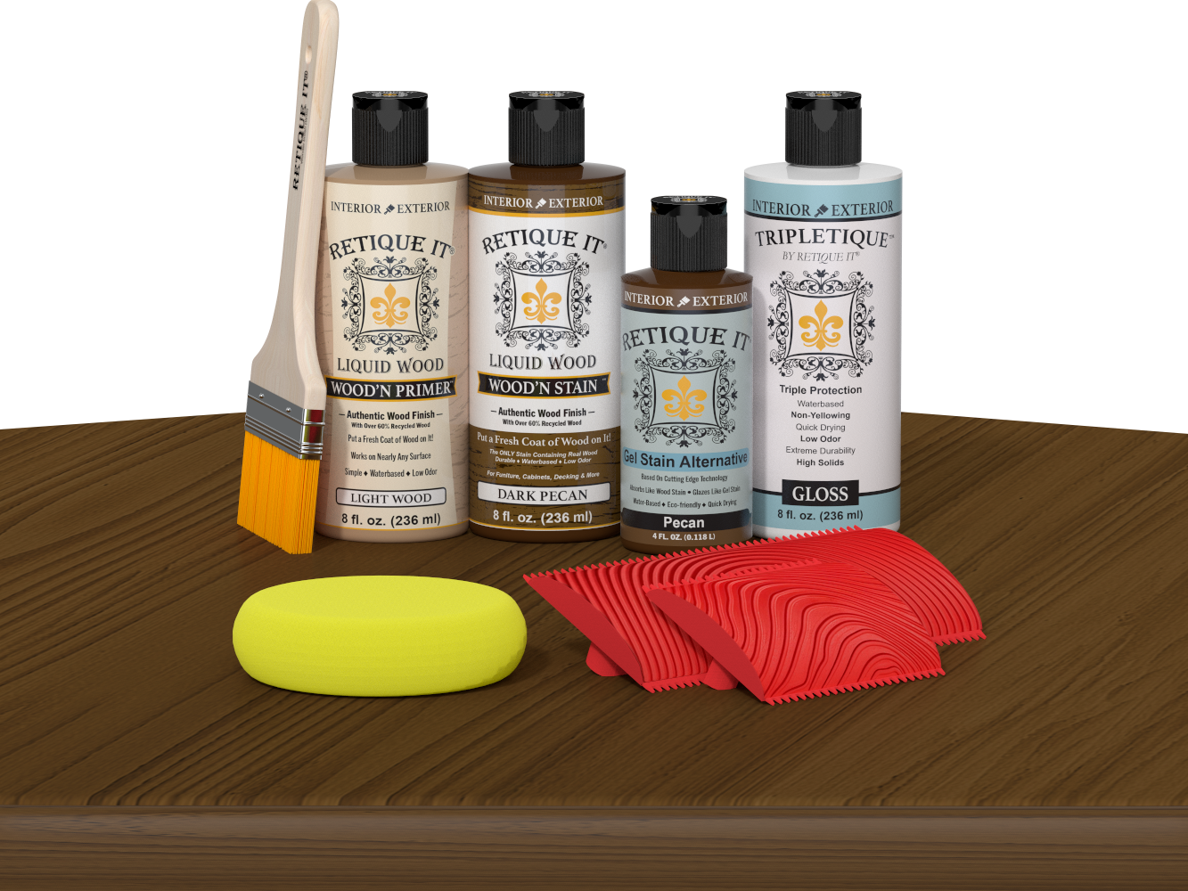 Dark Pecan wood stain from Retique It® Tabletop Wood'n Finish Kit, shown on a wooden surface.