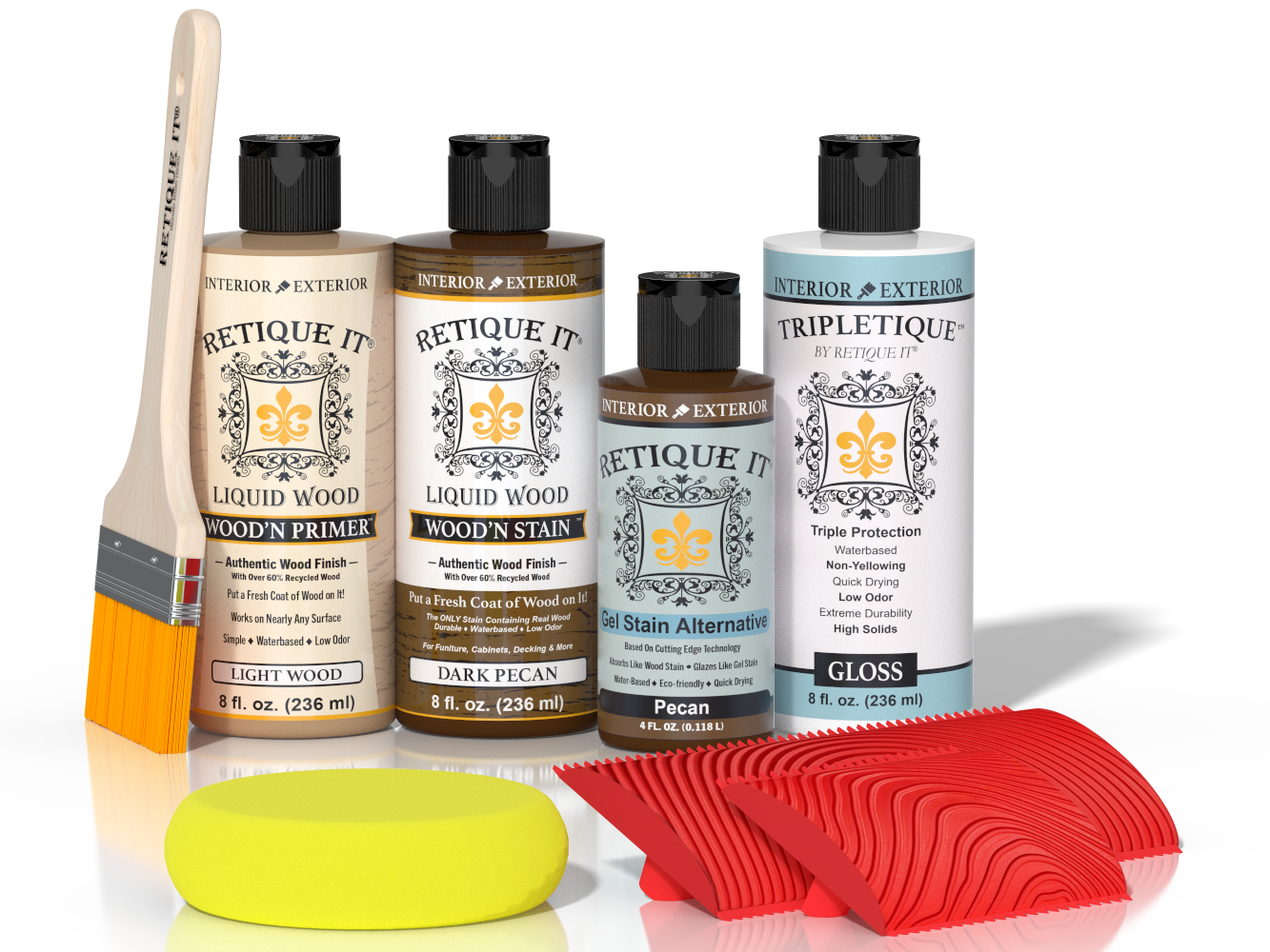 Retique It® Wood'n Kit in Dark Pecan for interior top coat, featuring wood finish application tools and dark pecan stain.