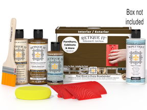 Retique It® Wood'n Finish Kit in Dark Pecan for interior wood projects, includes top coat and application tools in a boxed set.