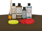 Retique It® Wood'n Finish Kit in Dark Pecan for interior wood projects, shown on a wooden table with application tools.