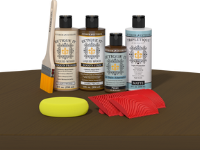 Retique It® Wood'n Finish Kit in Dark Pecan for interior wood projects, shown on a wooden table with application tools.