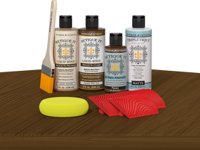 Retique It® Wood'n Finish Kit in Dark Pecan stain, showcasing the stain color and application on a tabletop surface.