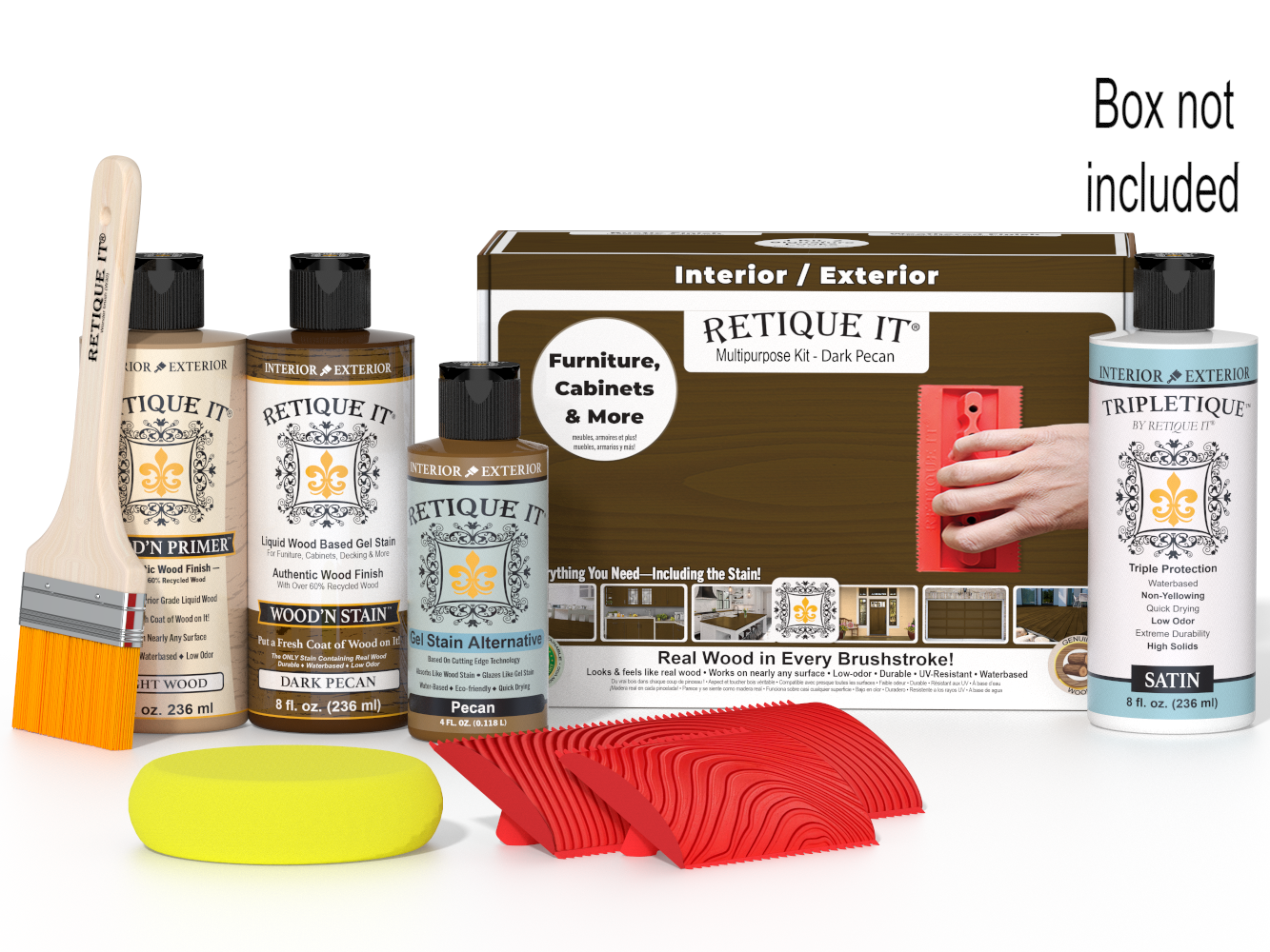 Retique It® Wood'n Finish Kit in Dark Pecan for interior top coat, showing a box with wood stain and finishing supplies inside.