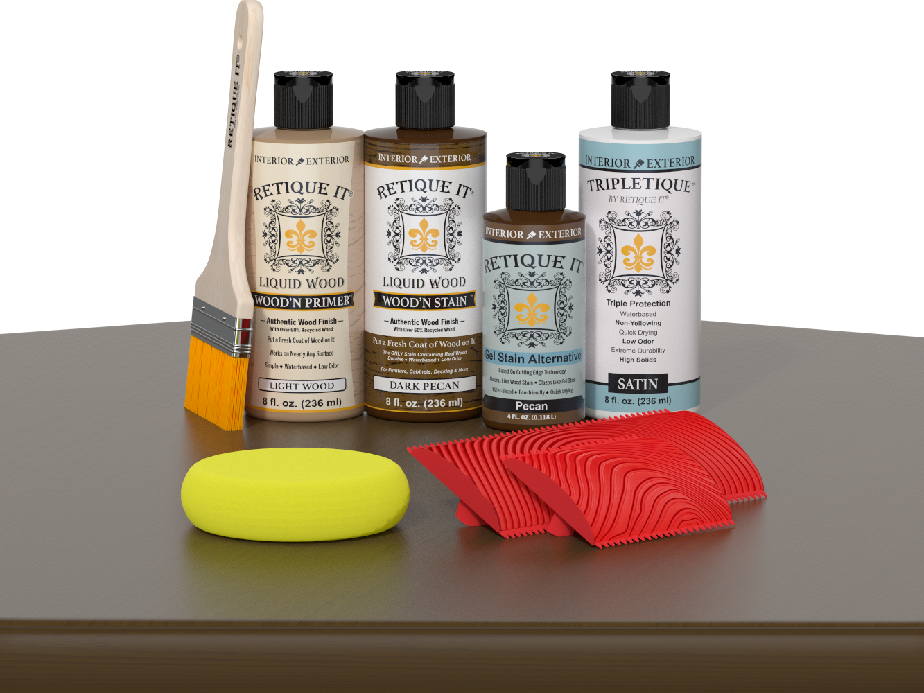 Dark Pecan Wood'n Finish Kit by Retique It® showing a table with a smooth, natural wood finish for interior projects.