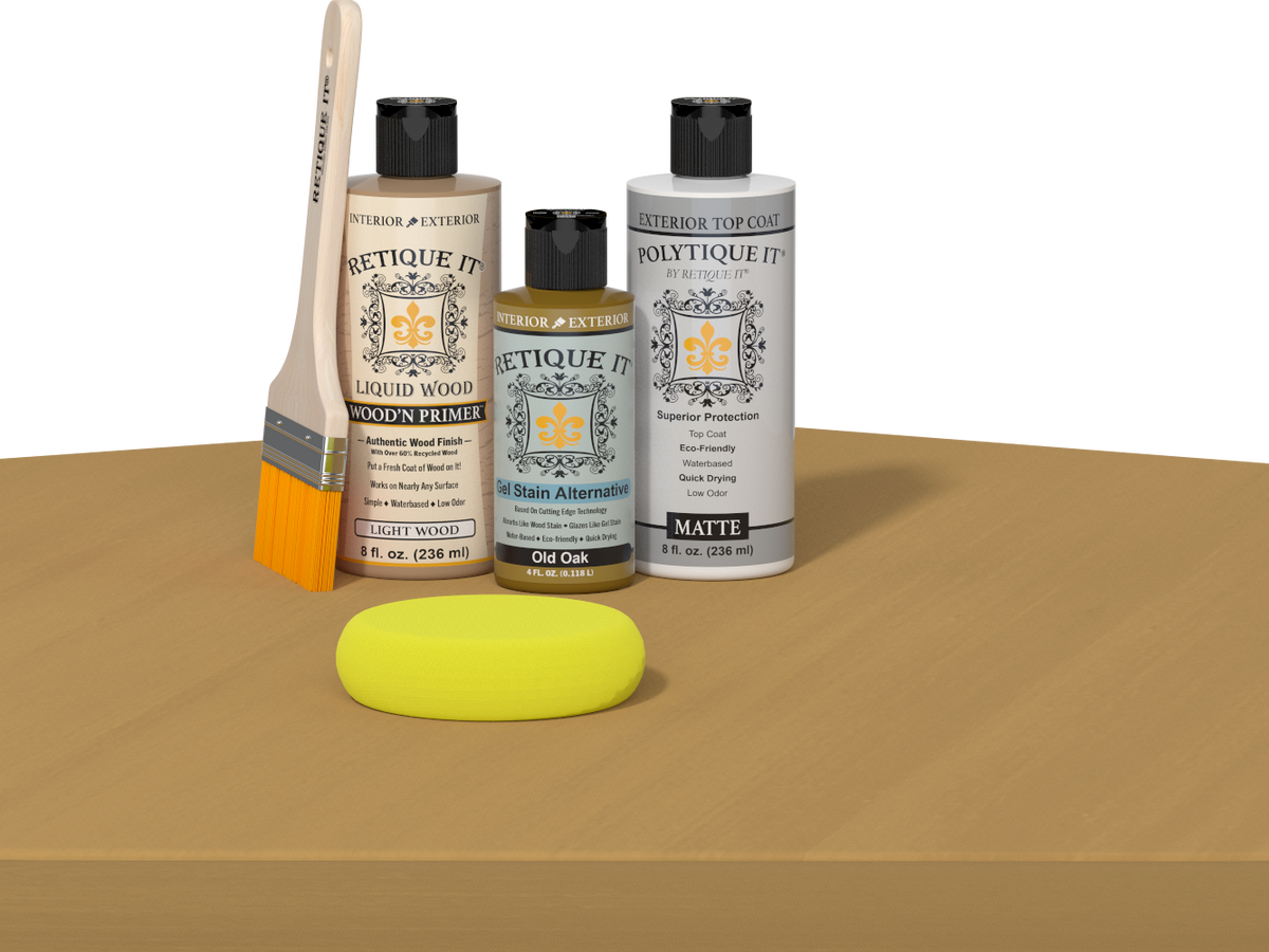 Retique It refinishing kit with Light Wood primer, Old Oak gel stain alternative, matte Polytique It topcoat, a brush and yellow sponge.