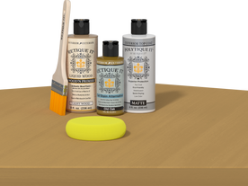 Retique It refinishing kit with Light Wood primer, Old Oak gel stain alternative, matte Polytique It topcoat, a brush and yellow sponge.
