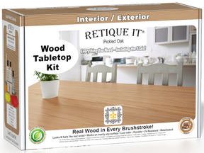 Retique It® Wood'n Finish Kit in Pickled Oak for tabletops, featuring stains and finishing supplies in a compact box.