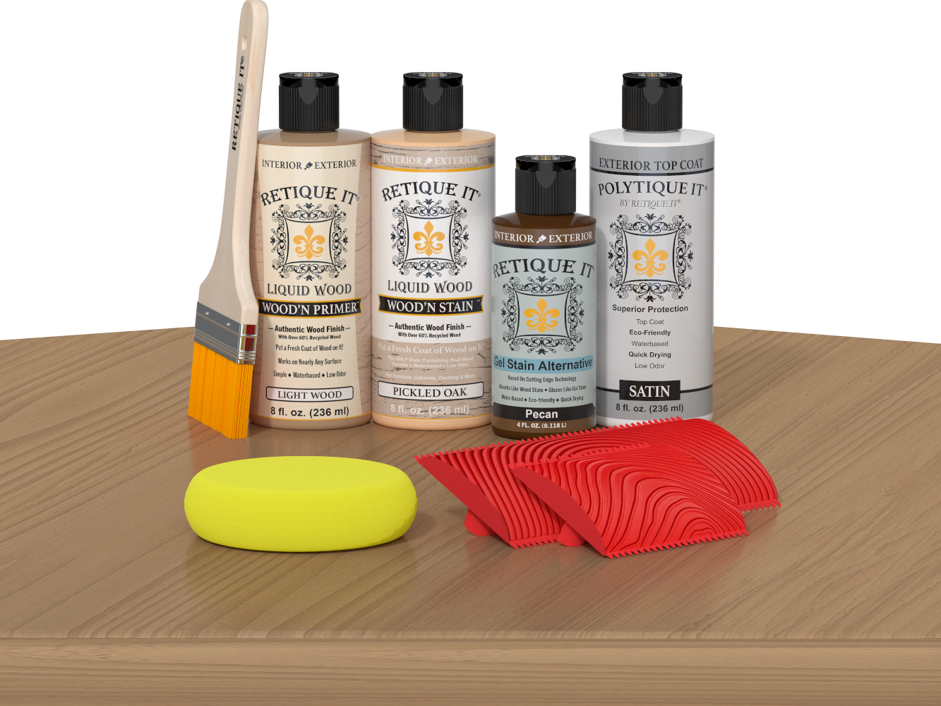 Retique It® Wood'n Kit in Pickled Oak, a multi-purpose exterior top coat set displayed on a table.