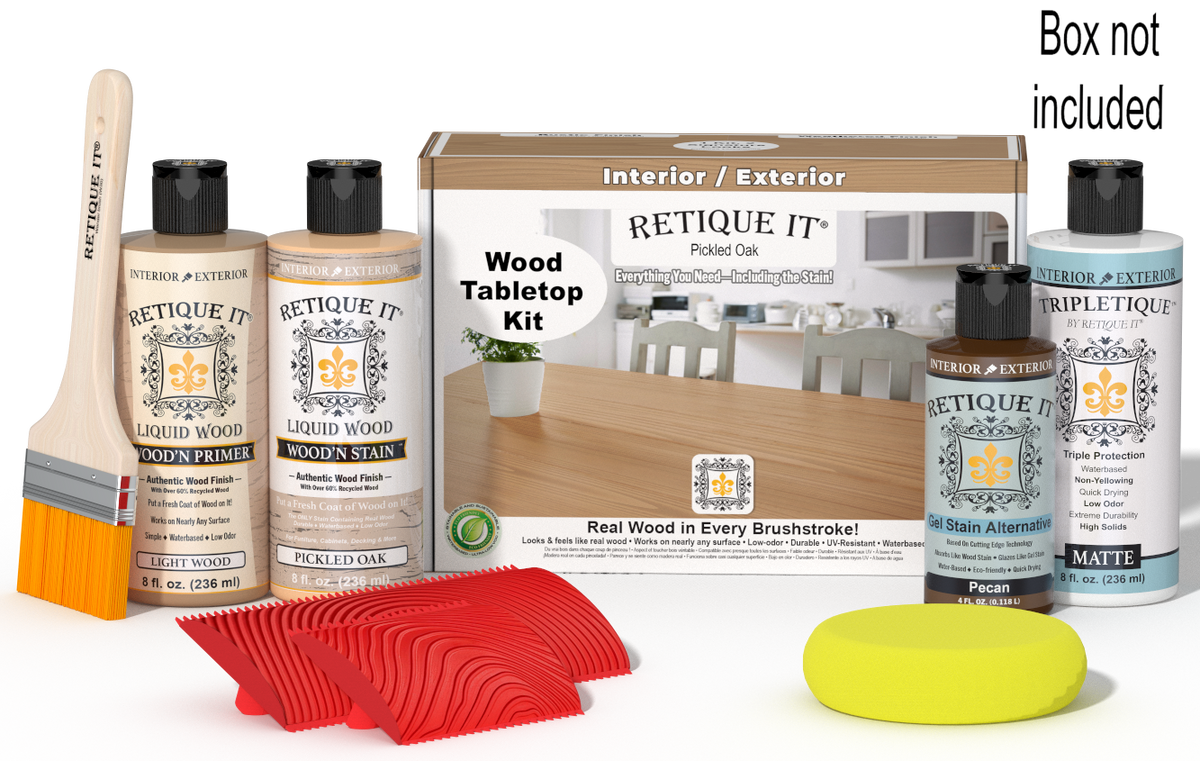 Retique It® Wood'n Finish Kit in Pickled Oak for tabletops, includes stain and finishing supplies, shown with box and application tools.
