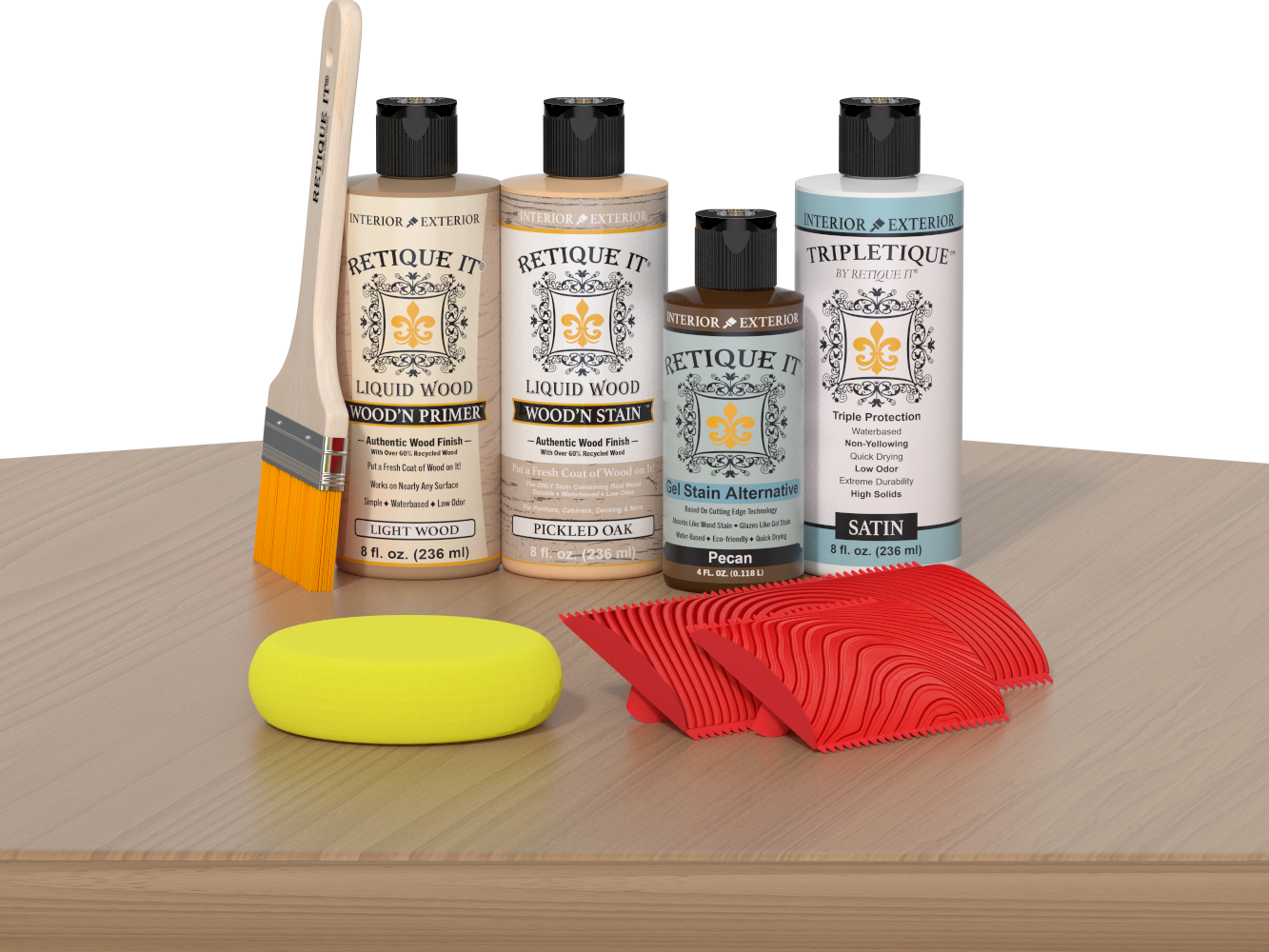 Retique It® Wood'n Finish Kit in Pickled Oak for interior top coat, shown on a wooden table with application tools.