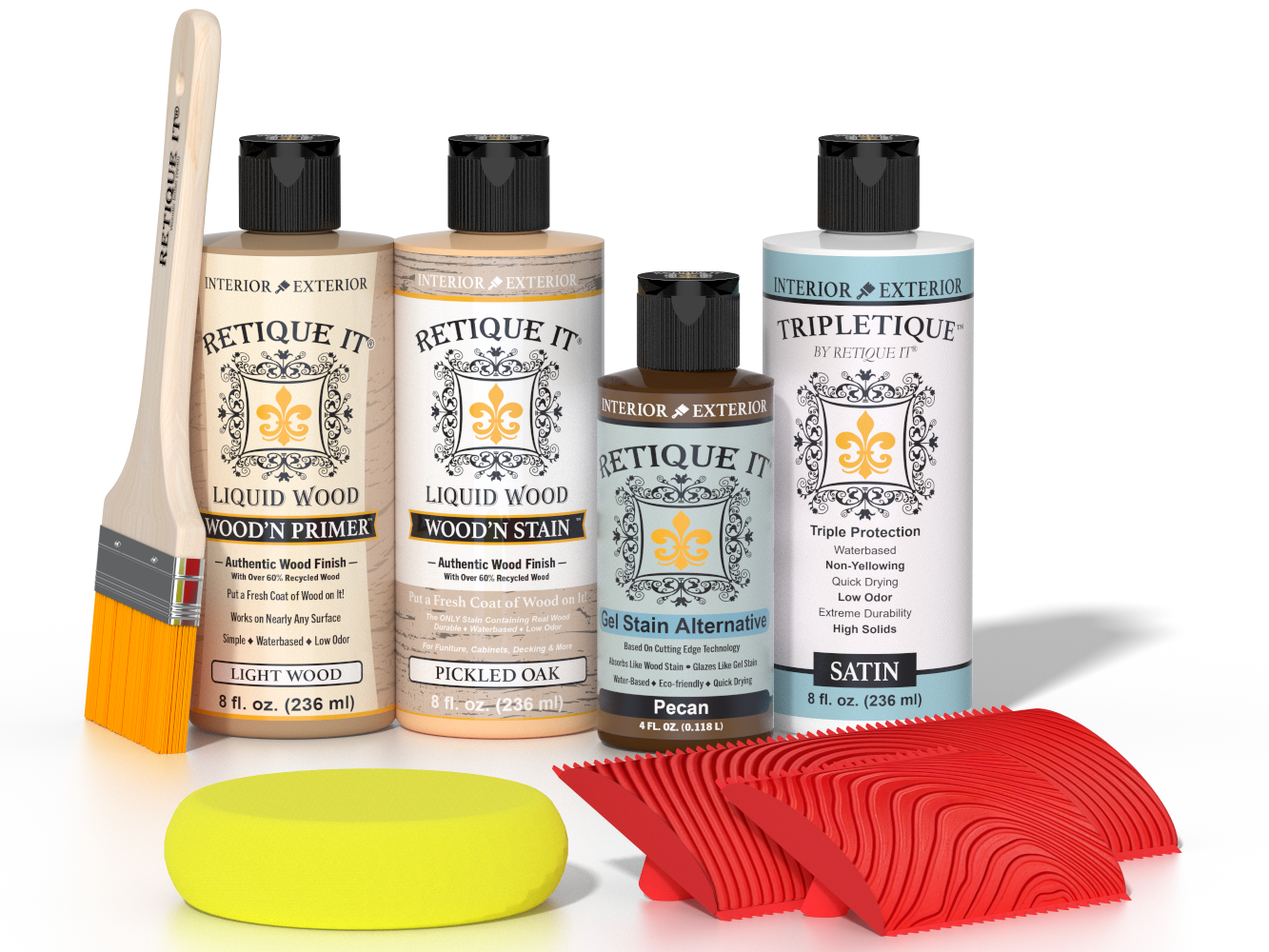 Retique It® Wood'n Finish Kit in Pickled Oak for interior top coat, featuring wood finish application tools and sample wood surface.