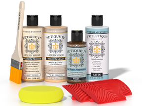 Retique It® Wood'n Finish Kit in Pickled Oak for interior top coat, featuring wood finish application tools and sample wood surface.