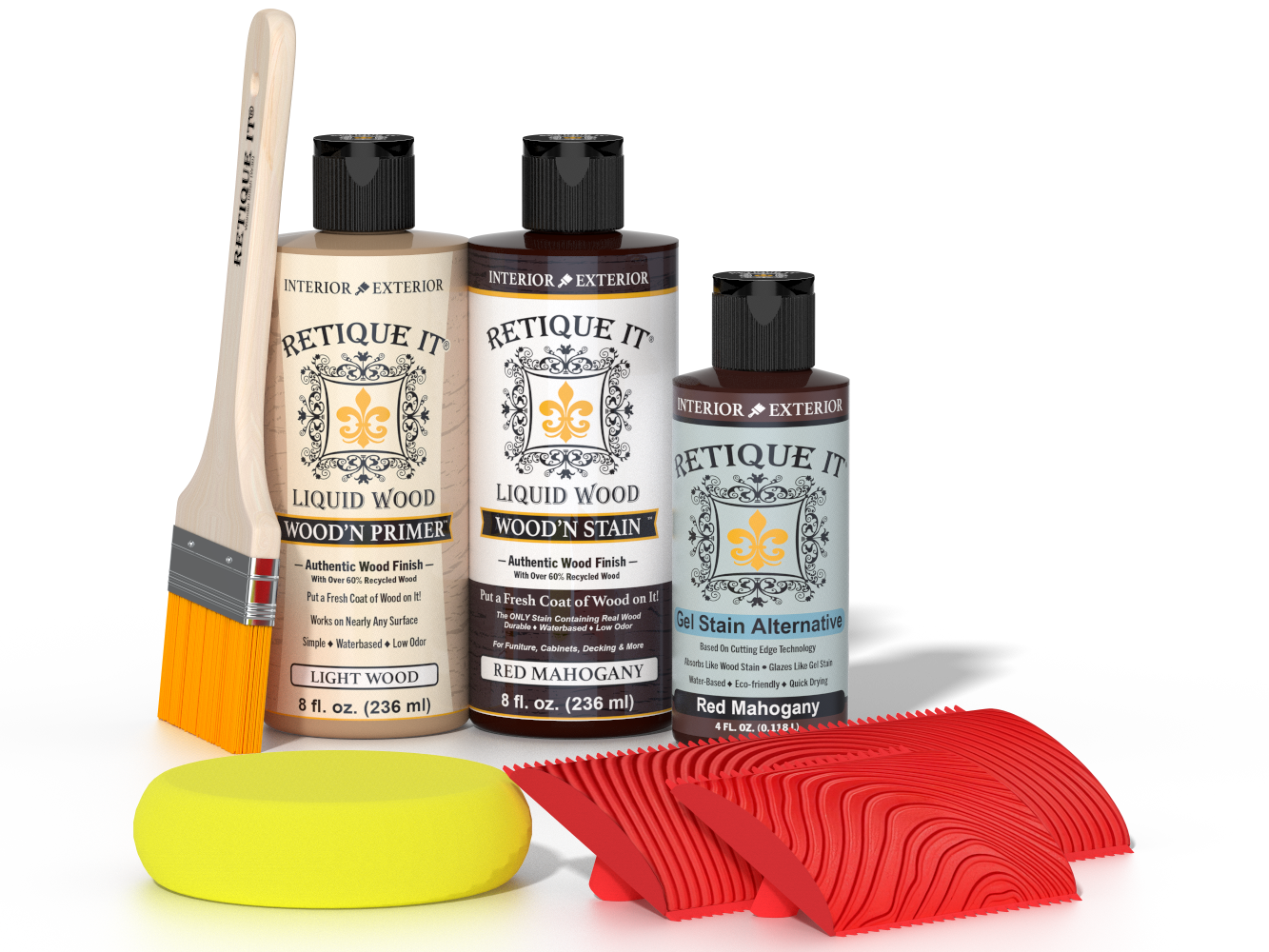 Retique It® Wood'n Finish Kit in Red Mahogany with wood finish samples and tools for multi-purpose woodworking projects.