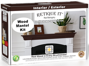 Retique It® Fireplace Mantel Wood'n Finish Kit in Red Mahogany stain, showing a box of stain stains for wood mantel finishing.