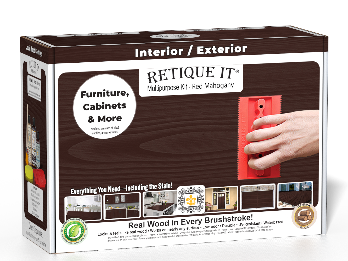 Retique It® Wood'n Kit in Red Mahogany finish with brushes and applicators for multi-purpose wood finishing.