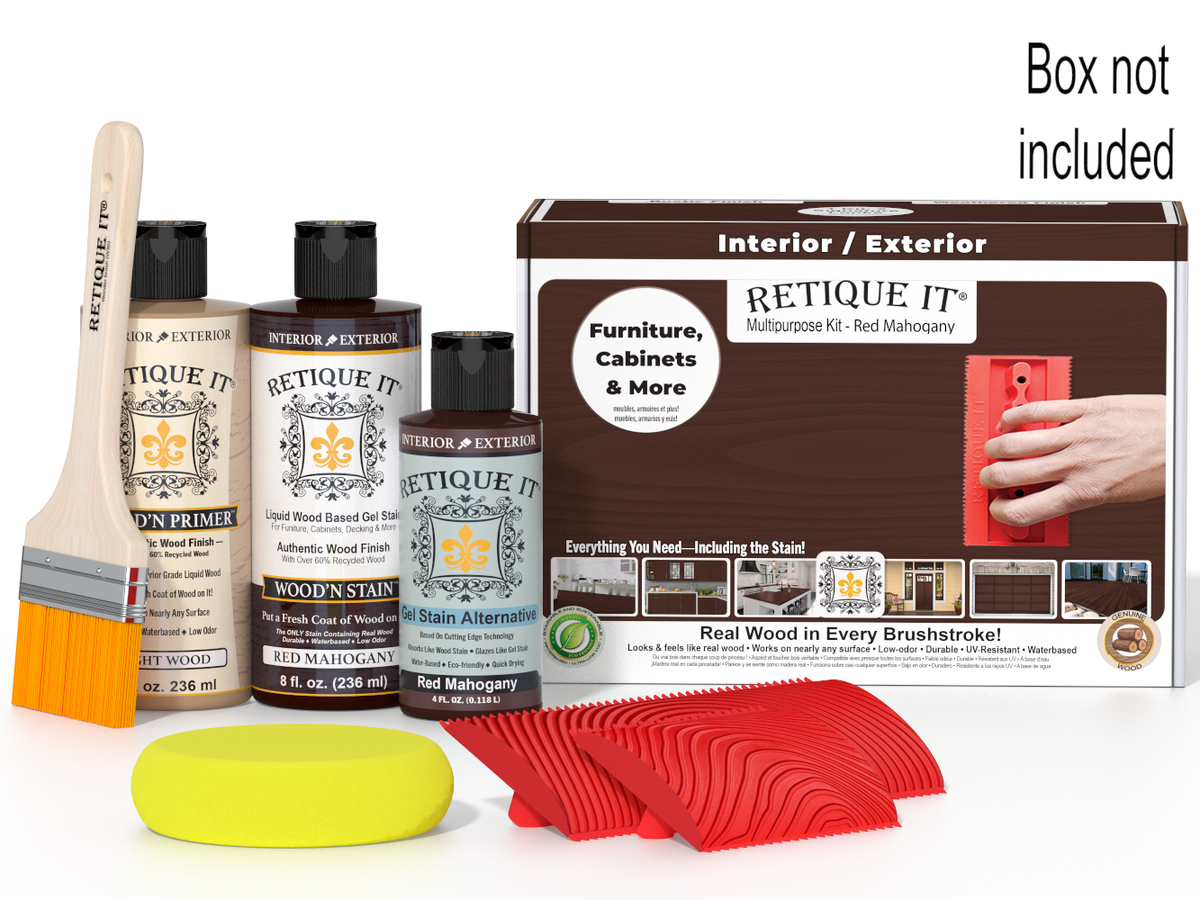 Retique It® Wood'n Kit in Red Mahogany finish, multi-purpose wood finish kit with tools and supplies for wood projects.
