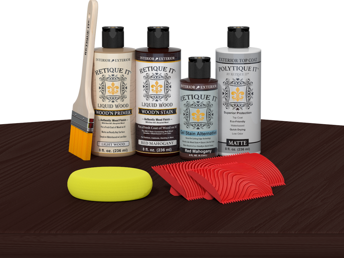 Retique It® Wood'n Finish Kit in Red Mahogany with exterior top coat, showing application on wood surface.