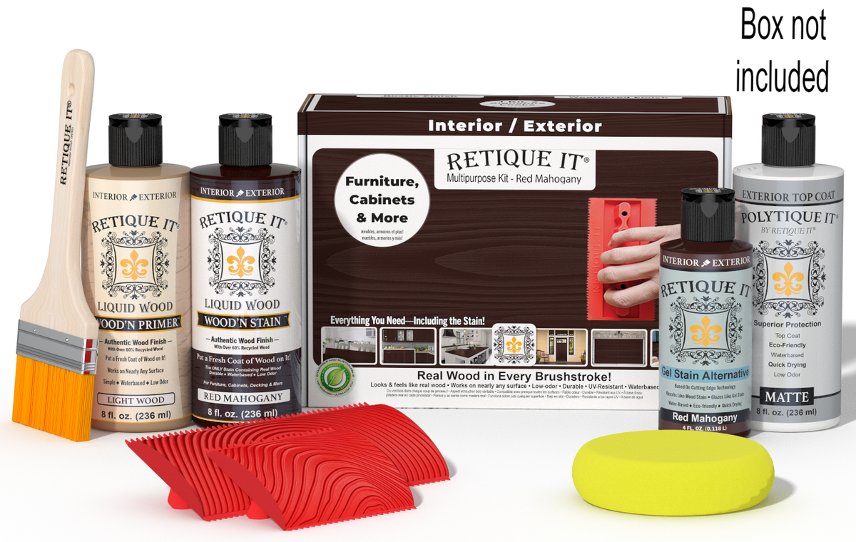 Retique It® Wood'n Finish Kit in Red Mahogany for exterior top coating, shown with application tools and product packaging.