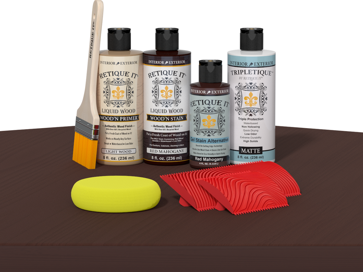 Retique It® Wood'n Finish Kit in Red Mahogany with interior top coat, showing wood surface and application tools for multi-purpose use.