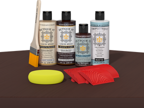 Retique It® Wood'n Finish Kit in Red Mahogany with interior top coat, showing wood surface and application tools for multi-purpose use.
