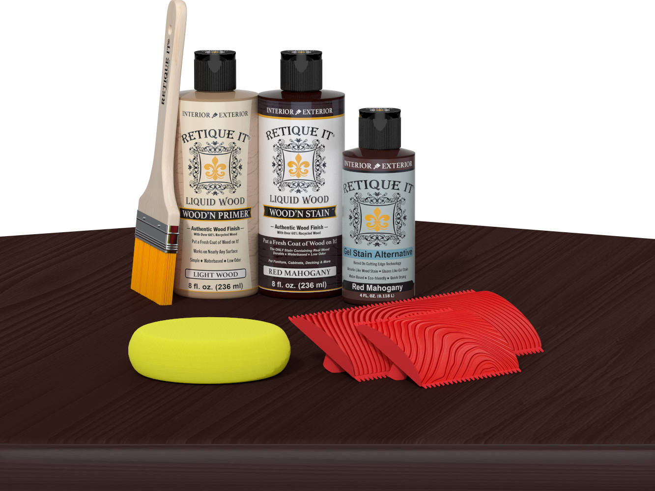 Retique It® Fireplace Mantel Wood'n Finish Kit in Red Mahogany stain, shown on a table with wood finish products.